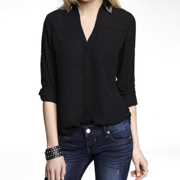 Express Tops - Express Portofino Jeweled Collar Blouse